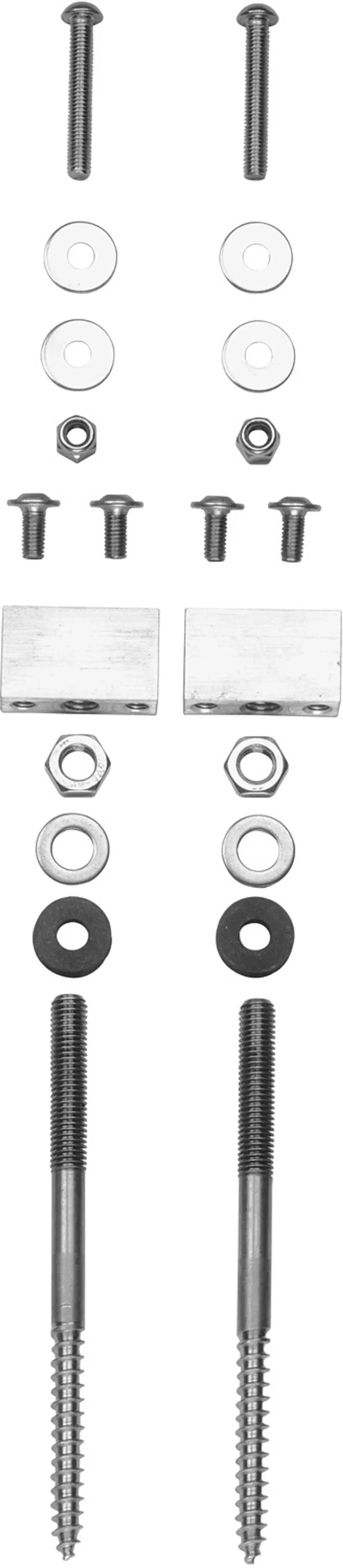 Montagezubehör bestehend aus Schrauben, Unterlegscheiben und Distanzhaltern aus Metall, geeignet für die Dachanbindung in Solartechnik-Anwendungen von Bosch.